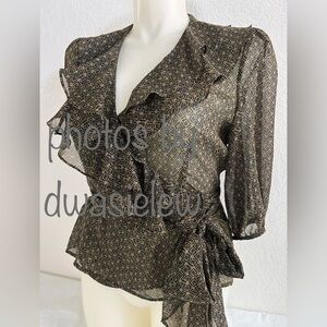 NWOT Ralph Lauren Ruffle Wrap Blouse Shirt Top L 3/4 Blouson Sleeves Black Tan
